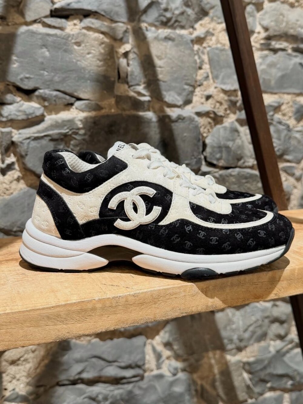 Chanel 2022 All Over CC Embossed Black Ivory Sneakers